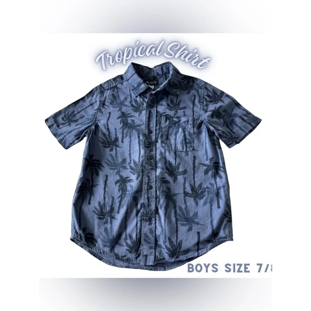 Boys 7/8 The Children's Place Tropical Palm Tree Print Button Down Shirt Blue VG